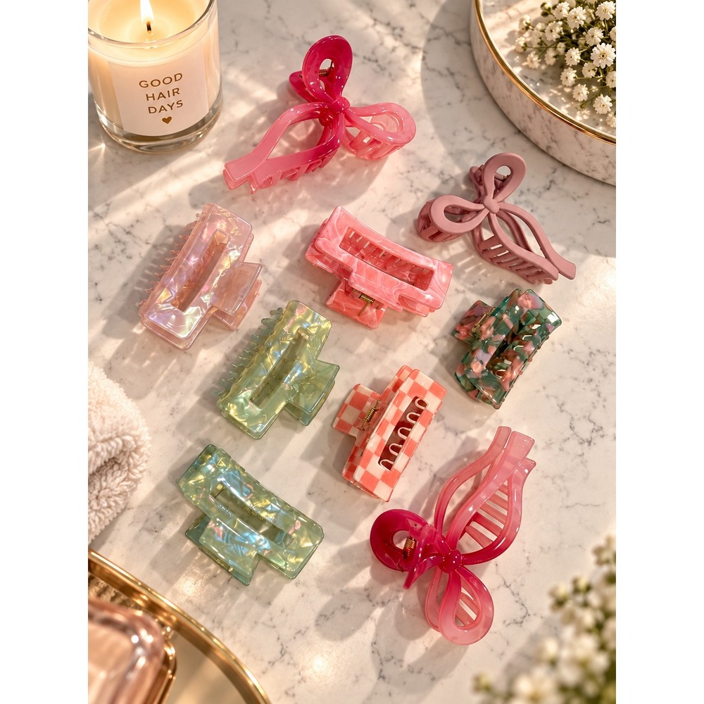 9pc Hair Claw Clip Set Bow Iridescent Marble Checkered Floral Pink Green Clips